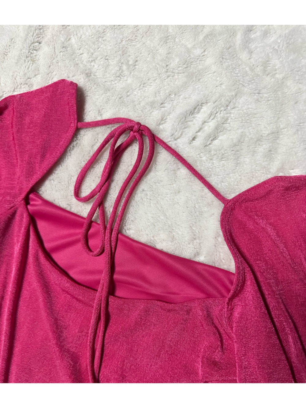 NWOT- LUCY IN THE SKY Square-Neck Long Sleeve Shimmer Mini Dress in Fuchsia Pink - Picture 8 of 11